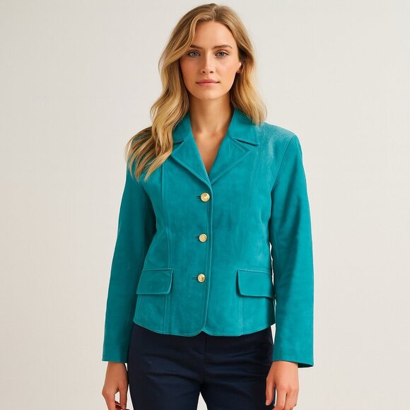 Burberry Turquoise Suede Jacket with Insignia Buttons VTG - Picture 1 of 10